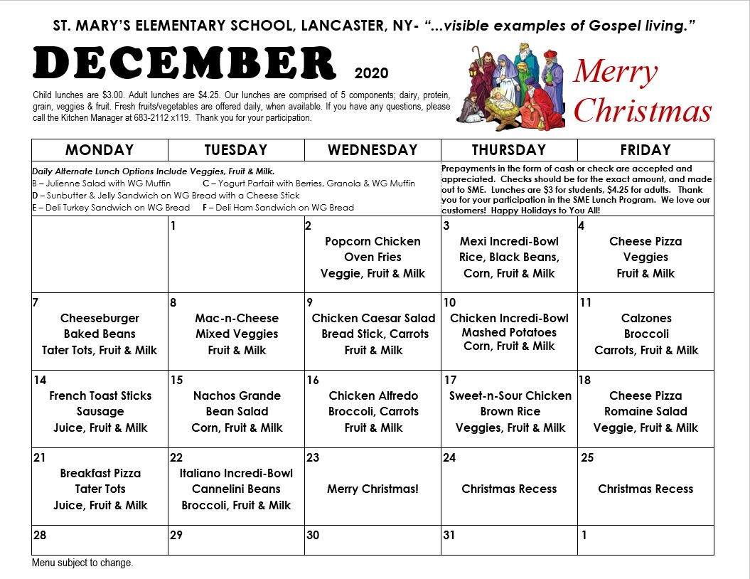 Lunch Menu St. Mary's Elementary School Lancaster, NY